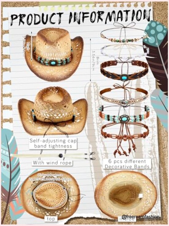Straw Cowboy Hat with 6 Interchangeable Bands